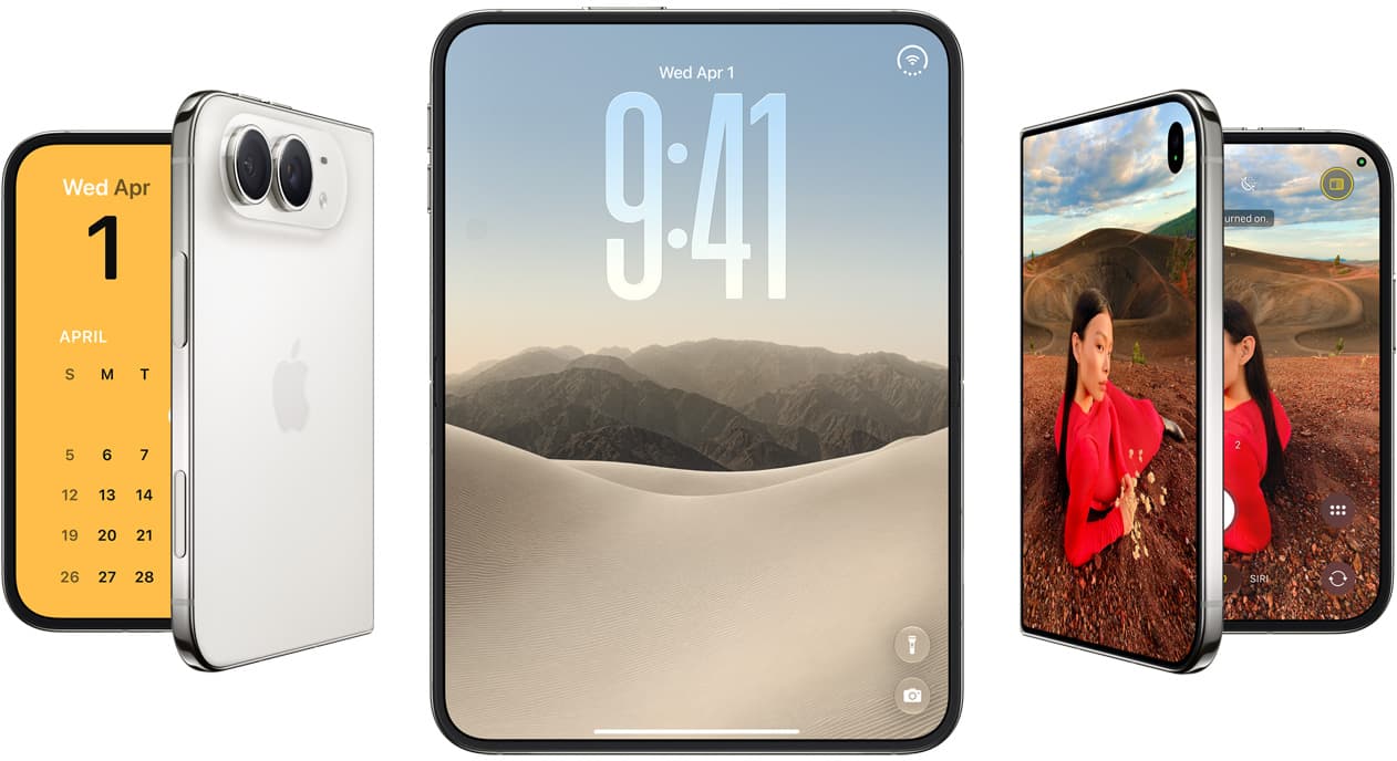 Tres unidades de iPhone Duo: cerrado, abierto y su cámara, sobre fondo blanco.