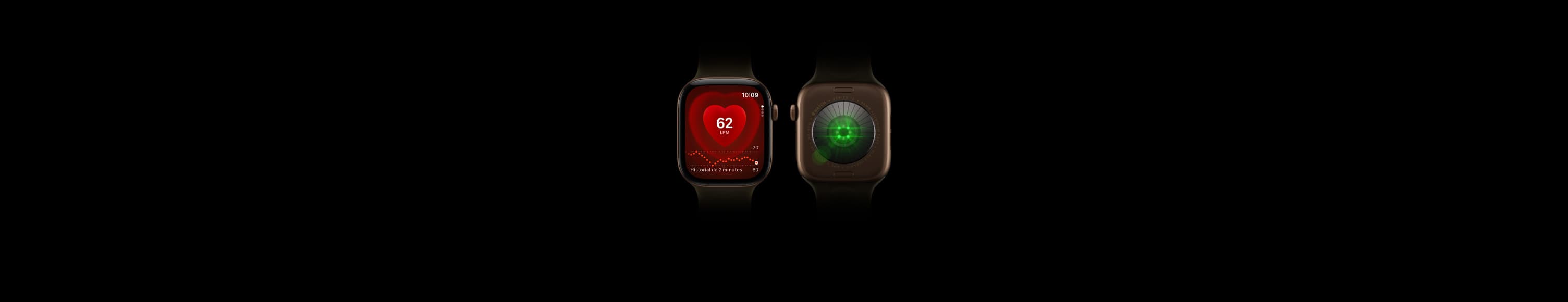 Dos Apple Watch Series 12 sobre fondo negro.