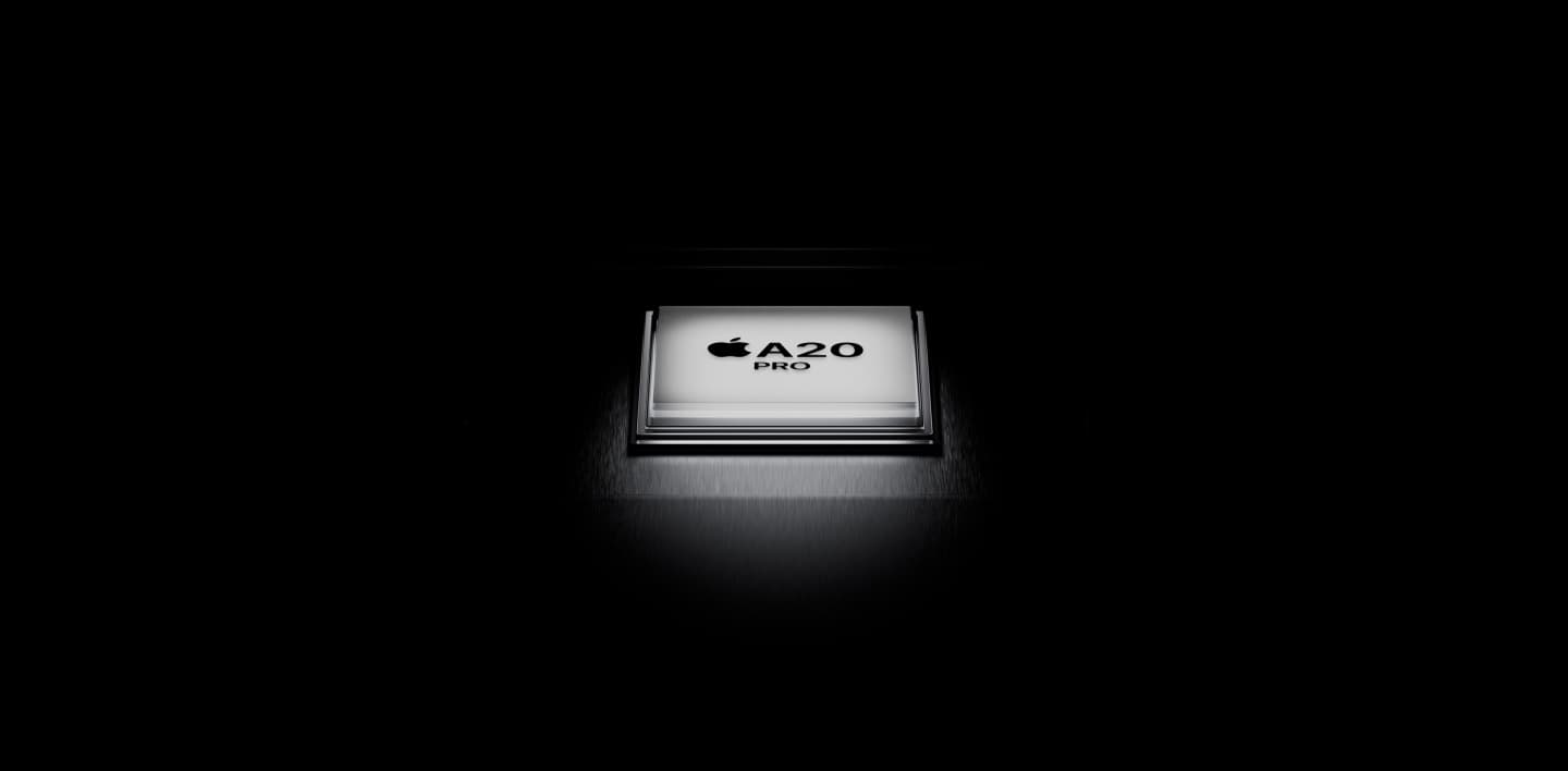 Ilustración del chip A20 Pro del iPhone 18 Pro sobre fondo negro.
